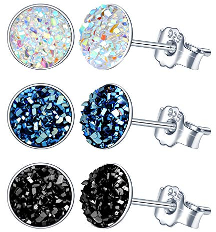 Yumilok 3 paar Damen Ohrstecker 925 Sterling Silber rund Kristall 8mm blau schwarz Weiß Schmuck Set Gestüt Piercing Ohrringe Ohrschmuck für Mädchen