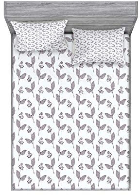 ABAKUHAUS Blätter Buntes Spannbetttuch- und Kissen-Set, Blühende Blumen Kräuter, Dekoratives und Bedrucktes 3-teiliges Bettwäscheset, 150 cm x 200 cm, Aubergine und Weiß