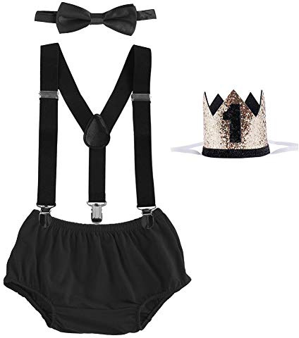 1st / 2nd Birthday Cake Smash Outfit for Toddler Baby Boys Lumberjack Farm Wild Diaper Cover Shorts PP Pants+Y-Back Suspenders+Bow Tie+Ear Headband/Prince Crown 4pcs Set Photo Shoot Black 12 Months