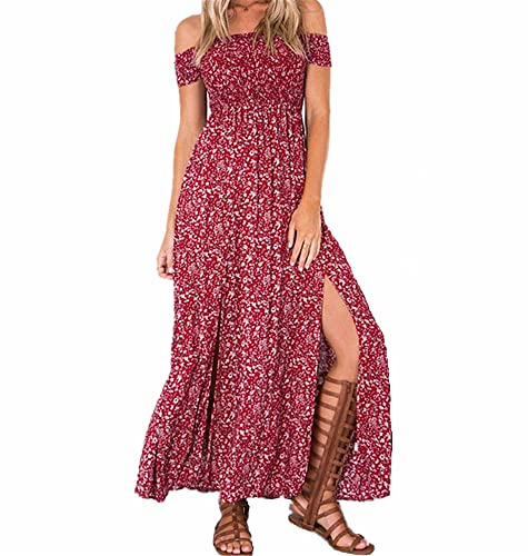 Coloody Femme Robe Longue Casual Imprimé Fleurie Mode Ete Chic Maxi Robe,L,Rouge