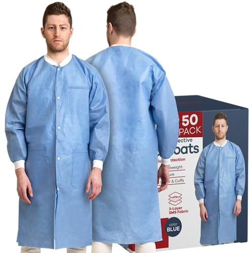 Case of 50 Disposable Lab Coats - Blue - With 3 Pockets and Soft Knit Cuffs & Collar | SMS Unisex Knee Length Medical Lab Jacket, For Hospitals, Pharmacies, Laboratories, Dental Clinics - Extra Large