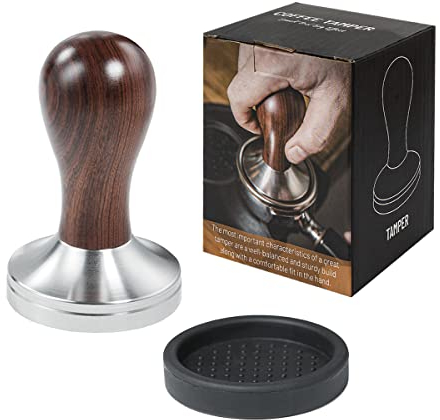 USEAMIE Coffee Tamper 51mm Espresso Press with Tamper Mat 304 Stainless Steel Flat Base Wooden Handle for Coffee Grounds Barista Espresso Machines Accessory