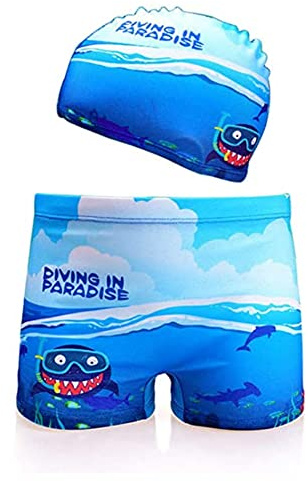 XIVISTO Garçon Short de Bain Enfant Boxer de Piscine avec Bonnet Cartoon Séchage Rapide Maillot de Bain 3-11 Ans
