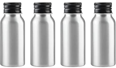 ZEOABSY 4 Piezas Vacías 50 ml Botella de Aluminio Plata con Tapón Rosca de Aluminio Negro Envase Cosmético Metálico para Champú, Loción Gel Aceite Esencial Hoteles Viaje