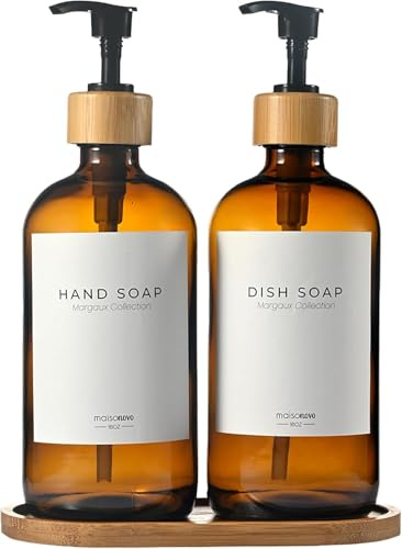 MaisoNovo Dispenser di sapone da bagno Set da 2 pezzi - Dispenser di sapone per le mani da 500 ml - Bottiglie di bambù ambra - Pompa in acciaio inossidabile con vassoio di bambù