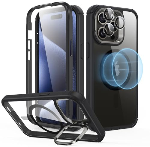 ESR for iPhone 15 Pro Max Case with stand, Full-Body Shockproof MagSafe Case, Exceeds Military-Grade Protection, Armor Series, Clear Black