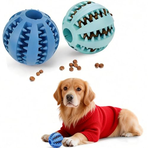 DEWEL Palla per cani giocattolo interattivo per cani giocattolo dispenser per dolcetti per animali domestici palla dentale indistrut tibile palla per la pulizia dei denti (Blu-Verde, 7CM-2PCS)