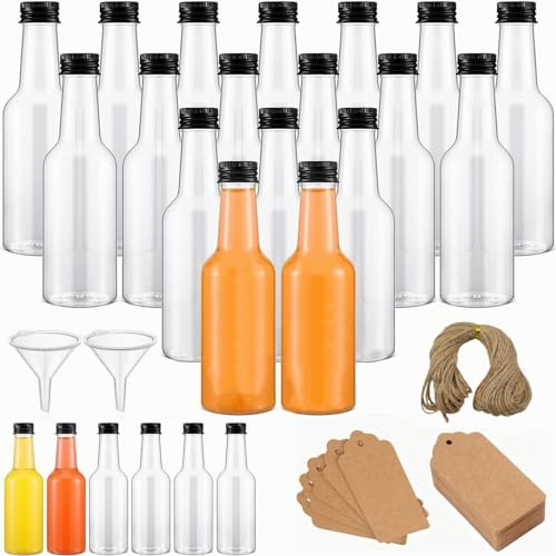 wordmouk Mini Fläschchen Kunststoff Likörflaschen 24 Stück 100ml Kleine Schnapsflaschen mit Schraubverschlüssen Trichter Kraftpapieretikett Plastik Fläschchen Mini-Weinflaschen für Hochzeiten Party