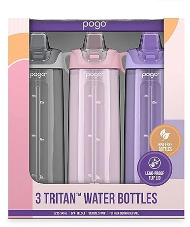 Pogo BPA-freie Tritan-Wasserflaschen mit Klappdeckel und Strohhalm – 900 ml, 3 Stück (Lilac, Pink Satin, Grau)