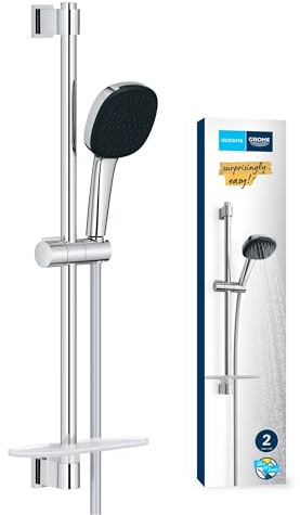 GROHE Vitalio 110, Duschset mit Ablage, 14l pro Min (Duschstangenset mit: Duschkopf 2 Strahlarten, 1,75m Schlauch, Duschstange 60cm, zum Kleben oder Bohren, ohne Kleber), eckig, chrom, 26929001