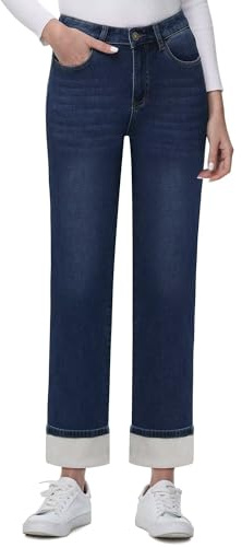 KDF Women's Fleece Lined Jeans Straight Leg Fleece Lined Pants 2025 Winter Stretch Fleeced Lining Jeans Wide Leg Jeans,Navy, US14