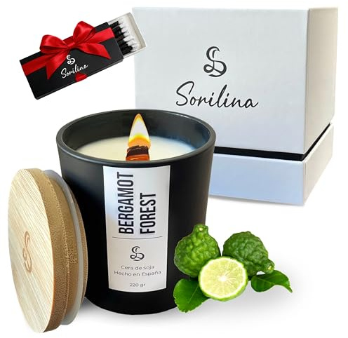 SORILINA Vela Aromática de Bergamota, Vela de Soja Natural con Mecha de Madera - Vela Perfumada Grande para Regalo, Vela Decorativa Larga Duración - 220gr 55h - Hecho a Mano en España