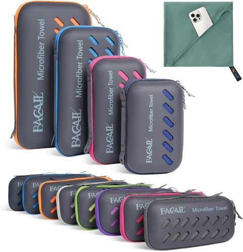 BAGAIL Campinghandduk med EVA-fodral, kompakt och ultramjuk resehandduk i mikrofiber, superabsorberande, lätt snabbtorkande handduk för sport, strand, gym, backpacking, vandring, yoga, grågrön, XL