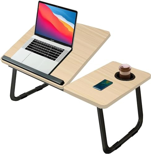 KKTECH Laptop Tray with Adjustable Angle, Space-Saving Bed Table with Foldable Legs, Cup Slot, Book Holder, Reading Stand, Versatile Laptop Table for Bed Use (WALNUT)