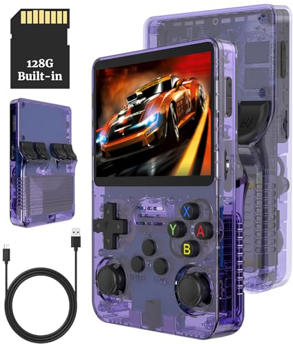 Bewinner 3,5-Zoll Retro Handheld Spielekonsole R36s, Videospielkonsole mit Dual Stylem Linux/Garlic Unterstützung, Retro Konsole mit Dual 3D Joysticks (Transparent Lila) (128G)