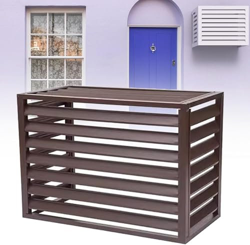 Outdoor Air Conditioner Cover Privacy Fence All Weather Anti-Theft Heavy Duty Aluminum Air Conditioner Cover Freestanding Room Divider with Slats Barrier Fence for Pool Equipment Brown
