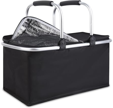 kühlkorb einkaufskorb 30L,Mit Reißverschluss isolierter, Faltbarer Picknickkorb,Klapprahmen aus Aluminiumlegierung mit Griff, gepolsterte Stützstange,für Picknicks im Freien, Einkaufen und Reisen