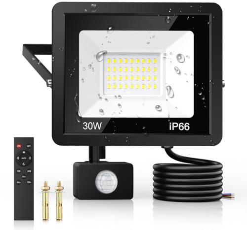30W Security Lights Outdoor Motion Sensor, PIR Flood Light with Remote Control, IP66 Waterproof, 36 LEDs, Cool White, 6500K, 2700LM, Outdoor Lights Mains Powered for Garden Corridor Entrance Backyard