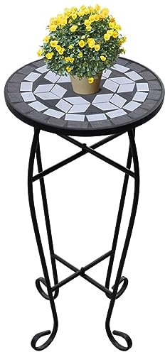 Mesa auxiliar de mosaico redonda, 60 x 30 cm, color azul, pequeña mesa de jardín, soporte para flores, mesa de balcón, mesa de bistró, mesa de mosaico, mesa de terraza, mesa de acento azul