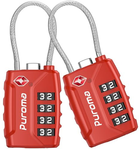 Puroma 2 Pack TSA Approved Luggage Locks 4 Digit Code Cable Lock Red