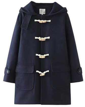 HIMI HIMIFASHION Manteaux d'hiver mignons en laine pour adolescents avec boutons en corne Kawaii - Duffle Coat épais - Vêtements d'extérieur à capuche décontractés avec poches, bleu marine, S
