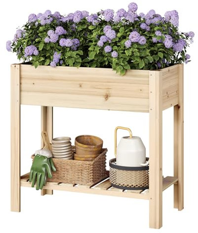 WOLTU Huerto Urbano Terraza, 80x40x75 cm, Jardinera Elevada para Exterior, Mesa de Cultivo para Jardín con Estante Inferior, Jardinera Madera para Flores y Vegetales, Color Madera