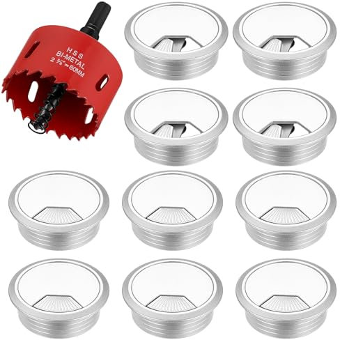 10 Pièces de Passe-câbles de Bureau, Passe-câbles Ronds en Plastique de 60mm avec Scie-Cloche 1x, Passe-câble pour Bureau pour Plans de Travail de Bureau - Argent