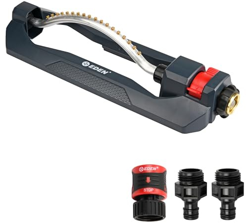 Eden Aspersor oscilante Turbo 96217, Cubre hasta 3.700 pies Cuadrados, 18 boquillas de latón, Base Pesada Resistente, Rango Ajustable, Paquete de conexión rápida, Negro, Rojo, Plateado