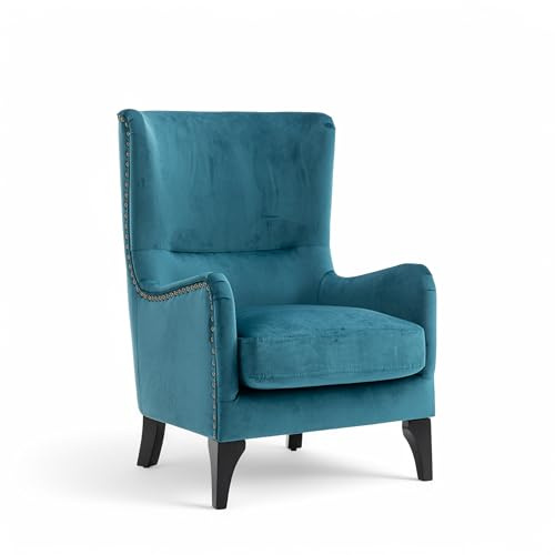 Stunning Chairs Velvet Teal Wingback Armchair for Living Room - High Back Armchair for Reading, Teal Accent Chair with Wooden Legs, Fireside Chair - SEGOVIA