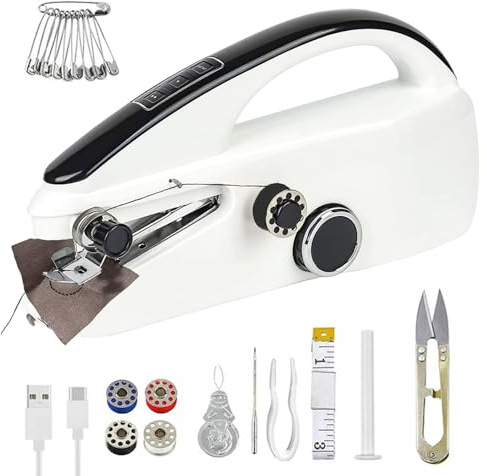 Elektrisk minisymaskin, bärbar elektrisk symaskin, handsymaskin med sömnadstillbehör, lätt och enkel för nybörjare, perfekt för kläder, gardiner, DIY, resor (vit-1)