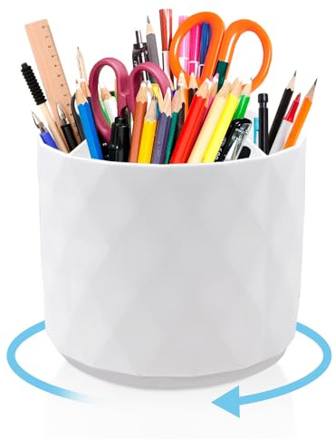 LTHERMELK Organizzatore per penne grande, 5 scomparti, girevole, portapenne, accessori per ufficio, contenitore girevole a 360°, bianco (14 x 12 cm), per ufficio, materiale artistico