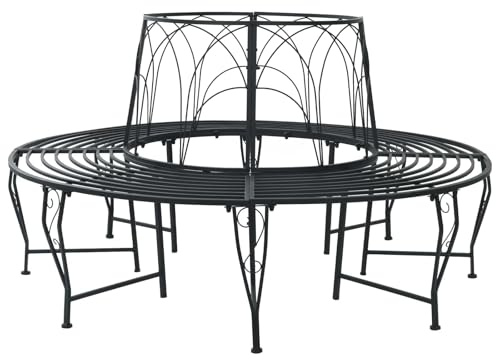 Holekex Trädbänk, rund, stål, svart med 8 sittplatser, Ø 160 x 89 cm, väderbeständig trädgårdsbänk för terrass, balkong, park, utomhus med ryggstöd och robust konstruktion