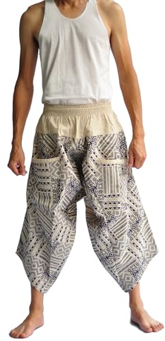 Siam Trendy Thai Fish Pants Japanese Style Pants Aladdin Pants Boho Pants Mens Baggy Shorts happi Hakama Summer Pants Thai hrem Pants Men's Japanese Style Pants One Size Off White Graphic Design