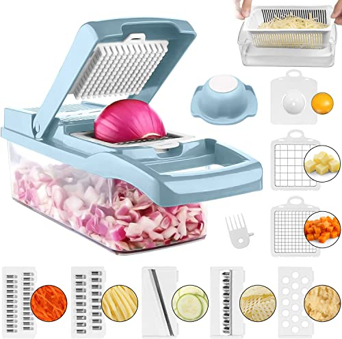 ADOV Vegetable Chopper, 14 in 1 Multi-Function Kitchen Mandoline Slicer, 7 Replaceable Stainless Steel Vegetable Cutter with Egg Separator Hand Guard Julienne Grater for Onion Potato Fruits - Blue
