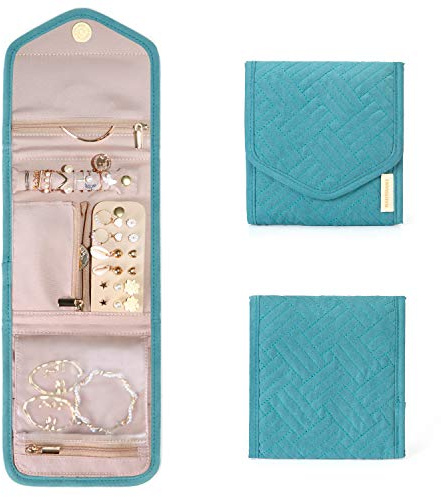 BAGSMART Travel Jewelry Organizer Case Foldable Jewelry Roll for Journey Rings, Necklaces, Earrings, Bracelets,Mini,Teal