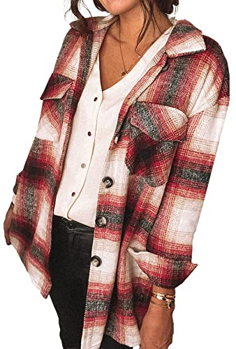 PRETTYGARDEN Women's Fall Clothes Plaid Shacket Jacket Trendy Casual Long Sleeve Button Down Flannel Shirts Fashion Blouse(Red,Small)