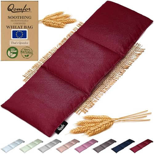 Qomfor - Microwavable Wheat Bag - Burgundy - 3-Chamber Design Microwave Heating Pad/Warming Pillow - Heat Pack for Neck, Shoulders & Period Cramps Pain Relief - Reusable Hot & Cold Therapy Bag
