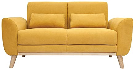 Miliboo Divano scandinavo 2 posti in tessuto effetto velluto giallo senape e legno chiaro EKTOR