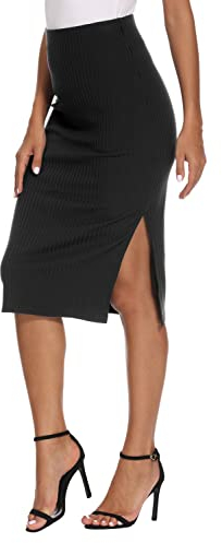 EXCHIC Damen Büro Hohe Taille Knielänge Stricken Bleistiftrock Elastische Bodycon Midi Rock mit Schlitz (L, Schwarz)