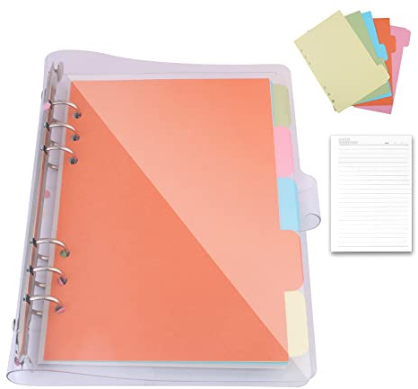 Binder Quaderno Trasparente Copertina ad Anelli 6 Anelli Rotondi Morbido PVC Notebook Quaderno ad Anelli, Ricaricabile con Carta di Riempimento A6, Binder Diario con 5 Divisori per Ufficio, Scuola
