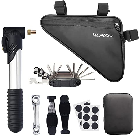MASPODER Bike Tool Kit, Repair Kit with Frame Bag, Mini Pump, Multitool, Tire Lever Patches Bicycle Accessories Set for Adult Bikes Road Mountain MTB