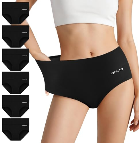 QINCAO Women's Underpants 6 Pack High Waist Brief Cotton Underwear Stretch Breathable Panties, Soft