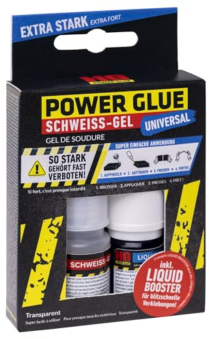 HG POWER GLUE Schweissgel Deluxe, 2k Sekundenkleber extra stark, Industriekleber für Kunststoff, Gummi, Stein, Keramik, Glas, Holz, Metall, uvm schnell trocknend, verrinnt nicht, 10 g mit Booster 5 ml