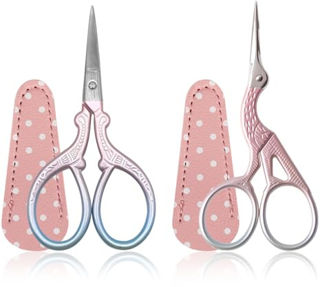 Embroidery Scissors Small, 2PCS Stainless Steel Craft Scissors for Sewing Threading Needlework Handicraft Trimming with Fake Leather Scissors Cover - Pink
