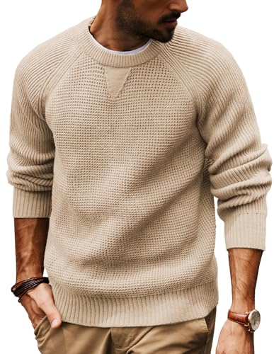 PJ PAUL JONES Maglione pullover da uomo a girocollo con texture a waffle a maniche lunghe lavorato a maglia, cachi, L