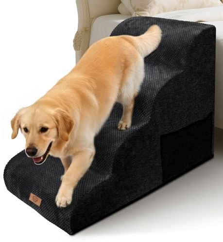 Pawchop 4-Step Dog Stairs, 50cm Non-Slip High Foam Pet Steps for Bed & Sofa | Curved Waterproof Removable Washable Cover with Handle for Small Elderly Injured Dogs, Black, 73x40x50cm