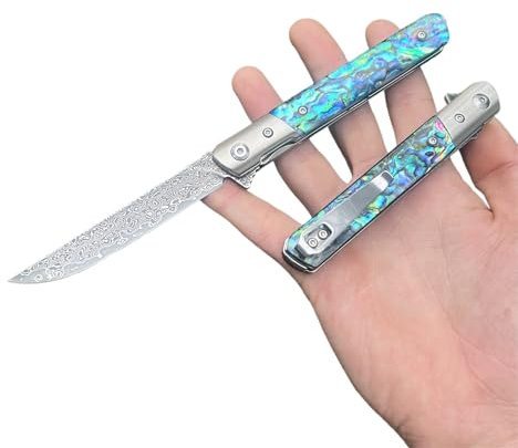 Obespina Couteau Pliant Poche Damas luxe Noir Acier Damas 67 Couches VG10 Collection Abalone lame Tranchant Manche Nacre Cadeau Homme edc Chasse LinerLock Forgé Damascus EDC Camping Extérieur Clip