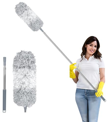Fogray 2025 Upgraded Extendable Feather Duster with Soft Silicone Cap, Telescopic Long Handled Microfiber Dusters for Cleaning, Cobweb High Ceiling Fan Roof Blinds, Washable & Bendable(GrayWhite)