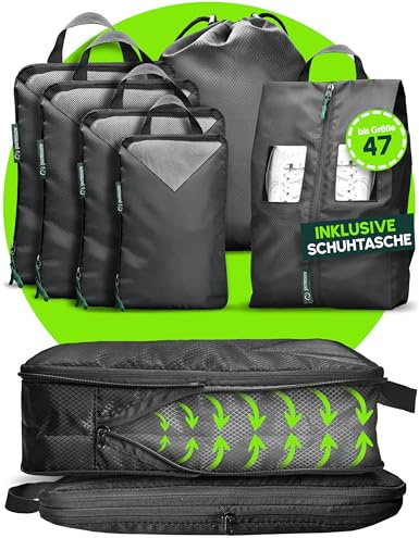 puremore® Premium Packing Cubes Compression inkl. Schuhtasche I maximaler Platz & Ordnung auf Reisen I Packwürfel Kompression I Kompression Packwürfel Rucksack & Koffer