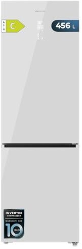 Cecotec Frigorífico Combi Total No Frost Bolero CoolMarket Combi 456 White Glass C, 456 L, Alto 201 cm y 59,5 cm Ancho, MAX INSIDE con VIP tech, Compresor Inverter Plus, Botellero y Bandejas Cristal